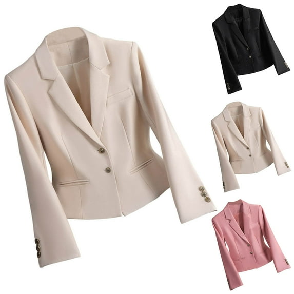 Nfurl Womens Plus Size Fall Blazers Business Casual Long Sleeve Notch Lapel Cropped Blazer Dressy Solid Color Open Front Button Suit Jackets Pink XXXL