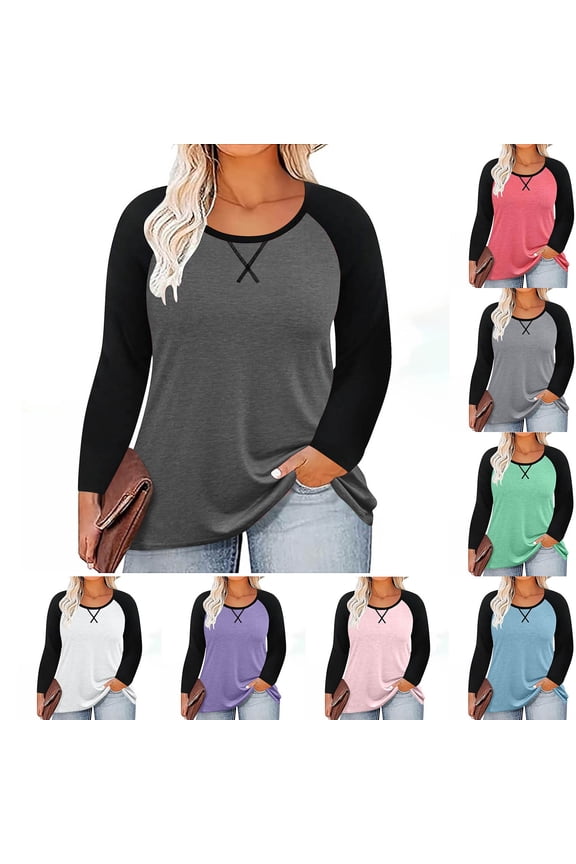 Womens Raglan Shirts Long Sleeve Color Block Blouses Ladies Tops Plus Size Clothes Purple,Sizes S-5X