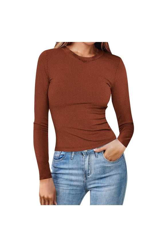 Womens Ribbed Fitted Shirts Basic Long Sleeve Crew Neck Tops Stretchy Slim Fit Tees Fall Casual Going Out Tshirt Undershirts Coffee XL