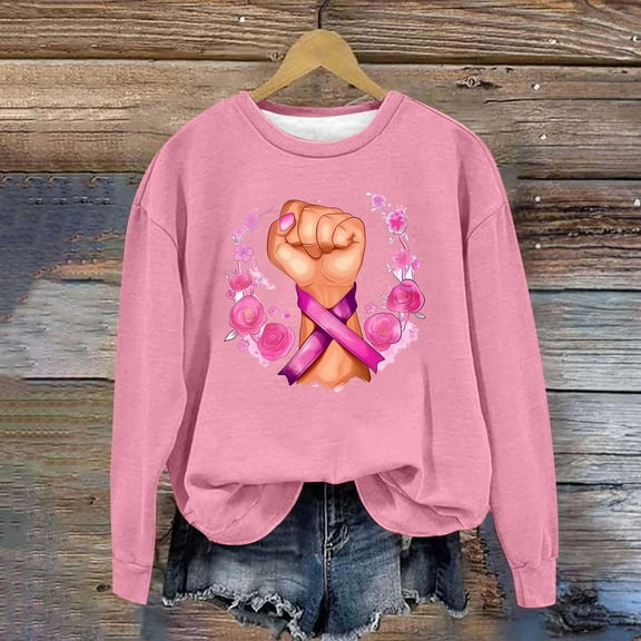 Nfurl Womens Ribbon Boxing Gloves Graphic Tees Shirts Plus Size Long Sleeve Round Neck Tshirt Breast Cancer Sweatshirts Gifts for Survivor Pink M