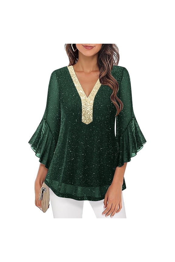Womens Ruffle 3/4 Sleeve Blouses Dressy Casual V Neck Shiny Sparkly Tops Elegant Evening Party Glitter Sequin Tops Semi Formal Clothes Army Green M