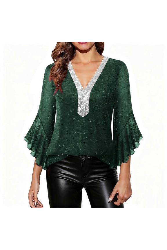 Womens Ruffle 3/4 Sleeve Sparkly Shirts Dressy V Neck Evening Concert Shirt Trendy Sparkly Glitter Sequin Mesh Tops Party Club Clothes Army Green S