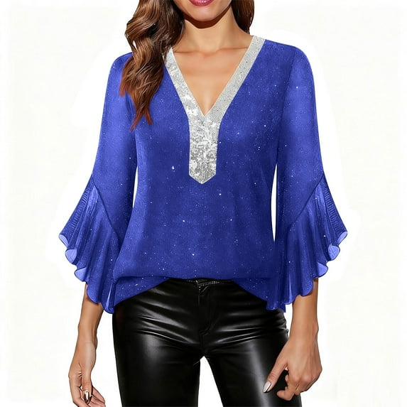 Nfurl Womens Ruffle 3/4 Sleeve Sparkly Shirts Dressy V Neck Evening Concert Shirt Trendy Sparkly Glitter Sequin Mesh Tops Party Club Clothes Blue L