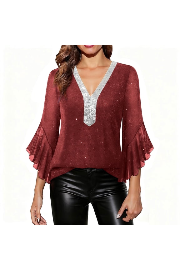 Womens Ruffle 3/4 Sleeve Sparkly Shirts Dressy V Neck Evening Concert Shirt Trendy Sparkly Glitter Sequin Mesh Tops Party Club Clothes Wine L