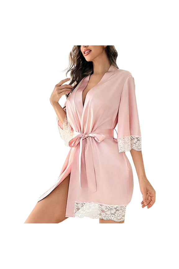 Womens Satin Robes Lightweight Lace Trim Half Sleeve Robe Embroidery Hem Belt Bathrobe Brides Wedding Party Pajama Ladies Sleepwear Pink L
