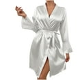 thumbnail image 1 of Nfurl Womens Satin Short Robe Flare Long Sleeve Satin Bathrobe Lightweight Bridesmaid Bride Wedding Party V Neck Robe Ladies Sleepwear White M, 1 of 8