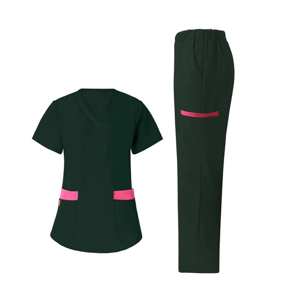 Nfurl Womens Scrubs Sets with 6 Pockets Nursing Uniform Sets for Women Short Sleeve V Neck Nurse Uniform Tops and Elastic Waist Pants Workwear Green M