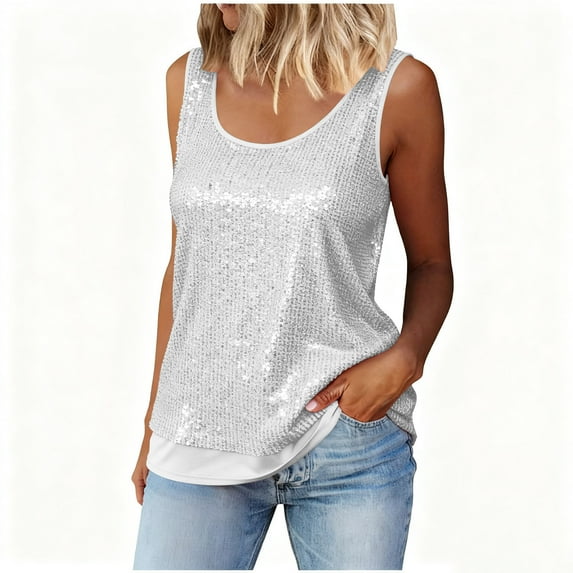 Nfurl Womens Sequin Tank Tops Casual Scoop Neck Sleeveless Sparkly Blouses Elegant Evening Night Out Dance Club Wear Ladies Party Tops White XXL