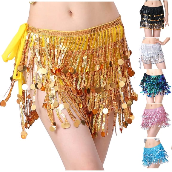 Nfurl Womens Sequin Tassel Skirts Trendy Belly Dance Hip Scarf Warp Sparkly Mini Skirt Shiny Metallic Rave Party Glitter Sparkly Skirts Sky Blue Free Size