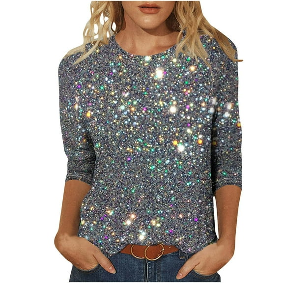 Nfurl Womens Sequin Tops Sparkling 3/4 Sleeve Crewneck Glitter Blouse Going Out Tops Trendy Ladies Evening Party Club Clothes Gray XXL
