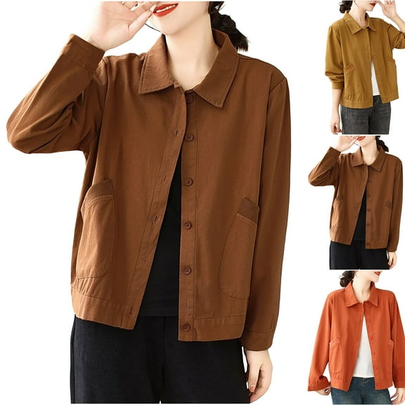 Nfurl Womens Shackets Lightweight Cotton Long Sleeve Short Jackets Casual Solid Color Button Down Lapel Outerwear Jacket Fall Coats Coffee XXL