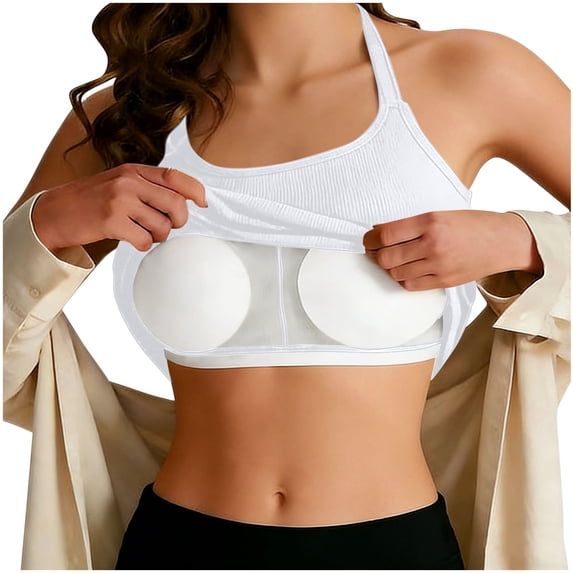 Nfurl Womens Shelf Bra Tank Tops Casual Ribbed Halter Tank Top with Built in Bra Casual Basic Camisole Fitted Summer Going Out Sleeveless Shirts White,XXL