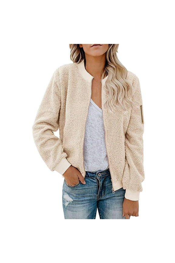 Womens Sherpa Fleece Jackets Soft Long Sleeve Petite Jacket Causal Outerwear Loose Fit Solid Color Zip Up Coats Fall Winter Clothes Beige M