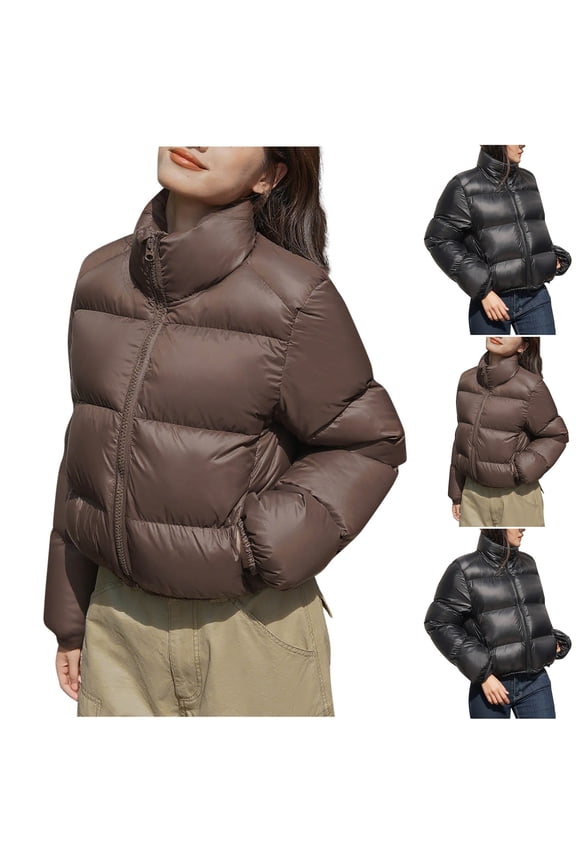 Womens Short Puffer Jackets Trendy Long Sleeve Stand Collar Zip up Down Jackets Winter Petite Cropped Coats Ladies Casual Outerwear