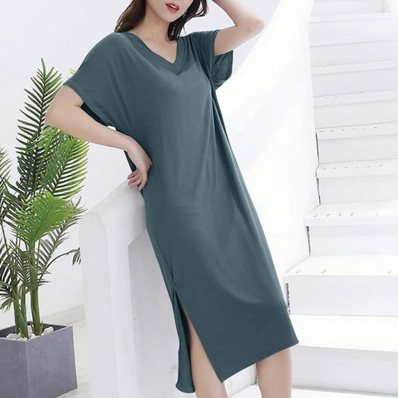 Nfurl Womens Short Sleeve Sleep Dress Soft Petite Loungewaer Lightweight Solid Color V Neck Long Nightgown Comfy Ladies Sleepwear House Dresses Army Green XL