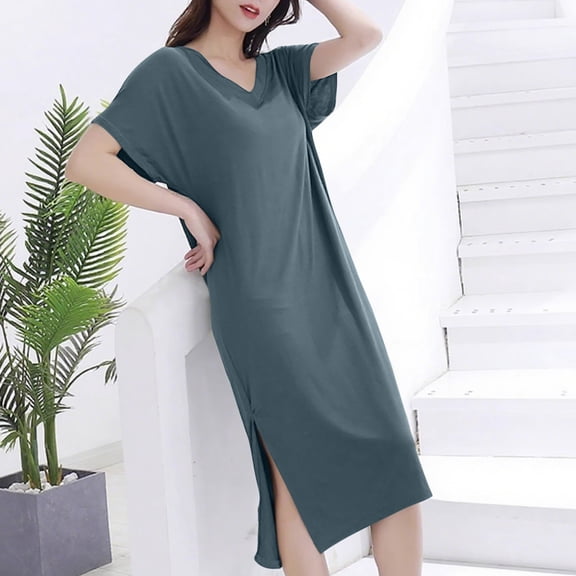 Nfurl Womens Short Sleeve Sleep Dress Soft Petite Loungewaer Lightweight Solid Color V Neck Long Nightgown Comfy Ladies Sleepwear House Dresses Army Green L