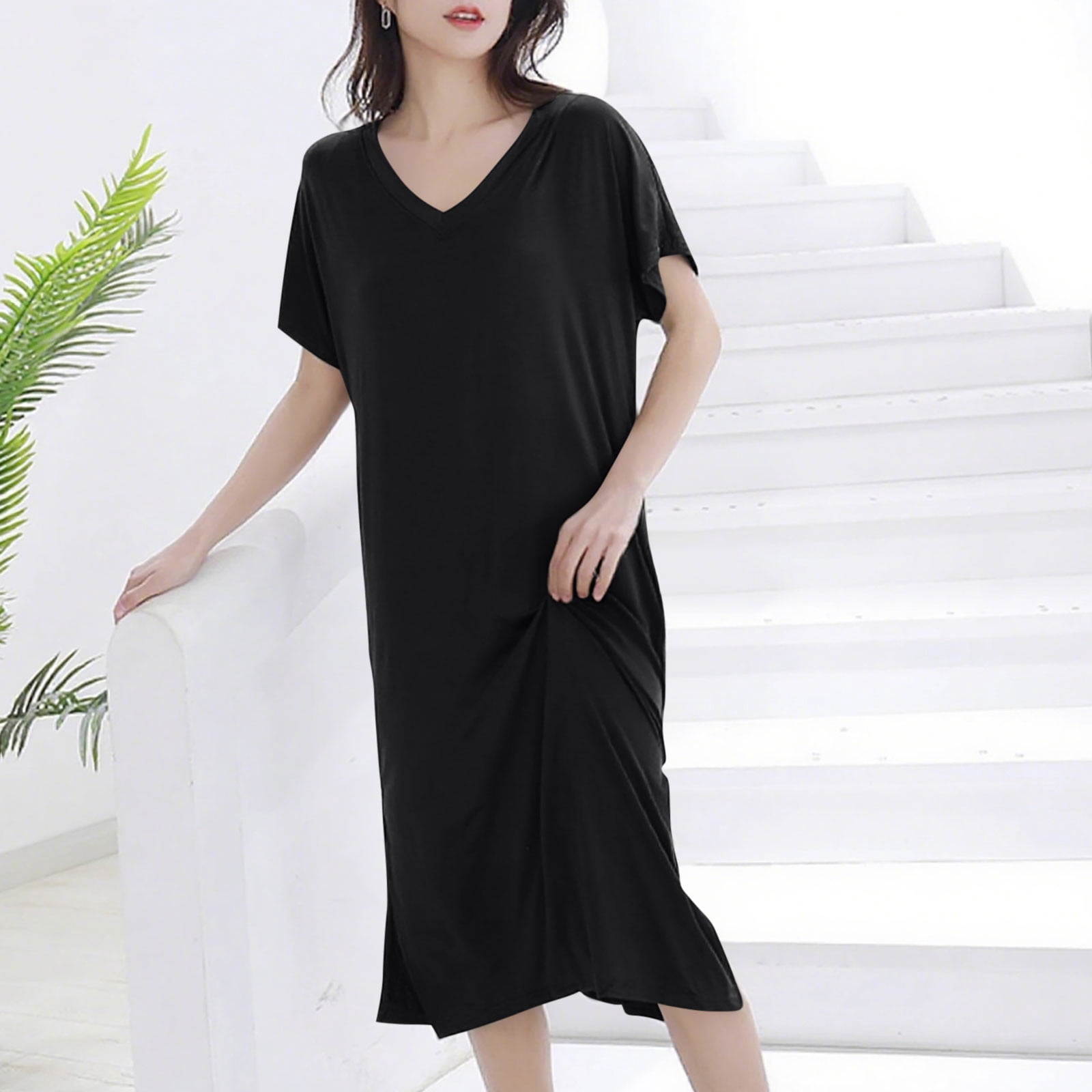 Nfurl Womens Short Sleeve Sleep Dress Soft Petite Loungewaer Lightweight Solid Color V Neck Long Nightgown Comfy Ladies Sleepwear House Dresses Black XL - Walmart.com Nfurl Womens Short Sleeve Sleep Dress Soft Petite Loungewaer Lightweight Solid Color V Neck Long Nightgown Comfy Ladies Sleepwear House Dresses Black XL - Walmart.com