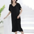 thumbnail image 1 of Nfurl Womens Short Sleeve Sleep Dress Soft Petite Loungewaer Lightweight Solid Color V Neck Long Nightgown Comfy Ladies Sleepwear House Dresses Black L, 1 of 5