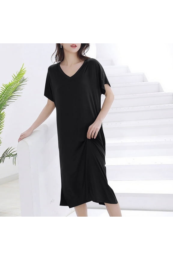 Womens Short Sleeve Sleep Dress Soft Petite Loungewaer Lightweight Solid Color V Neck Long Nightgown Comfy Ladies Sleepwear House Dresses Black XL