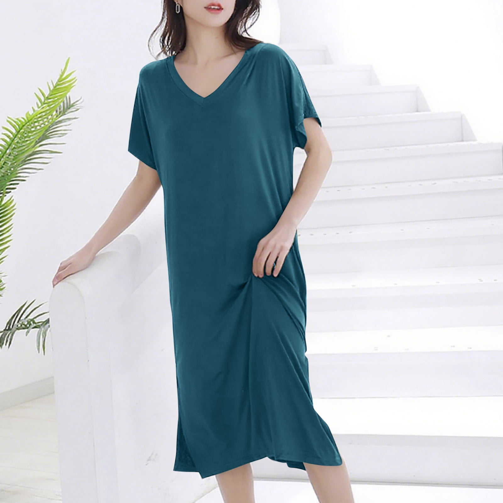Nfurl Womens Short Sleeve Sleep Dress Soft Petite Loungewaer Lightweight  Solid Color V Neck Long Nightgown Comfy Ladies Sleepwear House Dresses  Green XL - Walmart.com