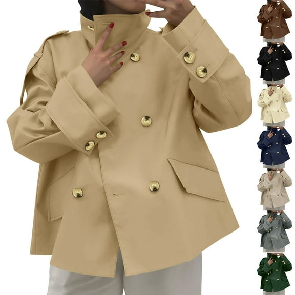 Nfurl Womens Short Trench Coat Trendy Double Breasted Stand Collar Cropped Jackets Fall Winter Ladies Coats Casual Work Outerwear Black L