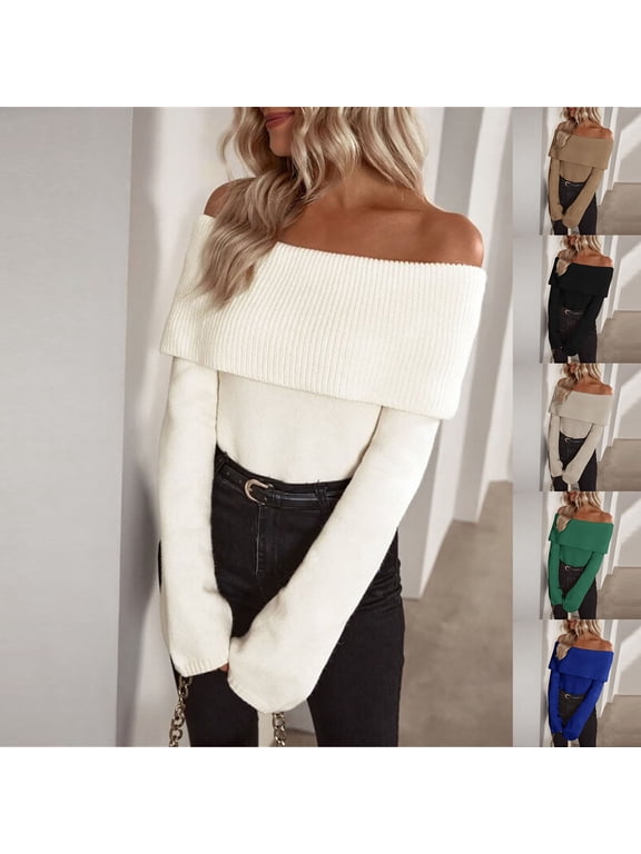Womens Off Shoulder Sweaters Casual Long Sleeve Fold Over Knit Sweater Fitted Plain Pullover Sweaters 2025 Fall Fashion Clothes Going Out Tops White L