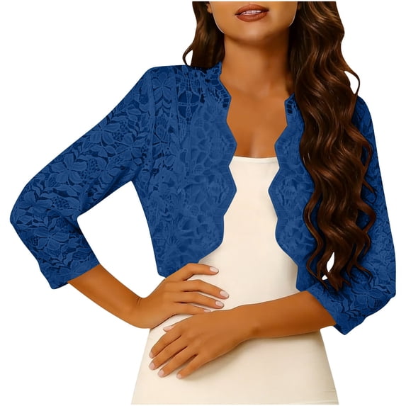 Nfurl Womens Shrugs Cardigans Trendy Lace Trim Long Sleeve Cropped Cardigans Elegant Open Front Shrugs Blue,M