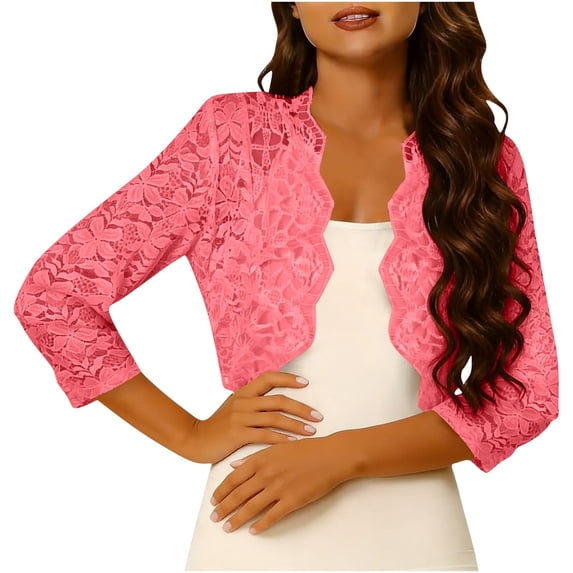 Nfurl Womens Shrugs Cardigans Trendy Lace Trim Long Sleeve Cropped Cardigans Elegant Open Front Shrugs Watermelon Red,S