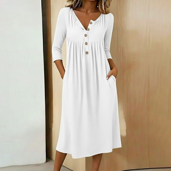 Nfurl Womens Sleep Gowns with Pockets Flowy Solid Color Button V Neck Nightgowns Comfy 3/4 Sleeve Long Nightgown for Women Sleepshirt White,L
