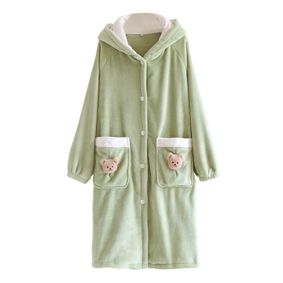 Nfurl Womens Snap Front Housecoats with Pockets Comfy Solid Color Long Sleeve Hooded Sleep Robe Soft Sleepwear Ladies Lounge Robes Green M