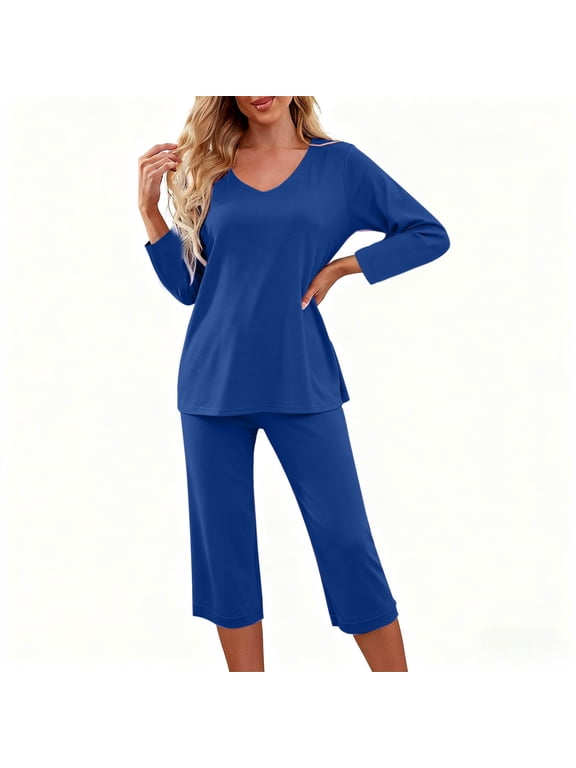 Womens Soft Pajama Sets Comfy V Neck Long Sleeve Tops and Capri Pants Sleepwear 2 Piece Cozy Petite Loungewear Ladies Mathcing Pjs Set Blue L