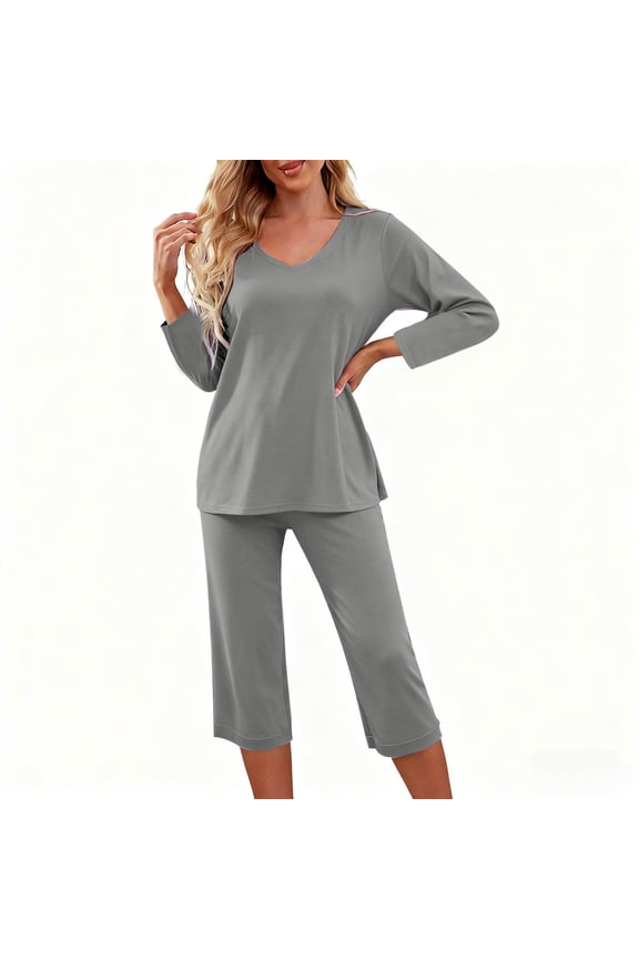 Womens Soft Pajama Sets Comfy V Neck Long Sleeve Tops and Capri Pants Sleepwear 2 Piece Cozy Petite Loungewear Ladies Mathcing Pjs Set Gray XXL