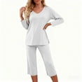thumbnail image 1 of Nfurl Womens Soft Pajama Sets Comfy V Neck Long Sleeve Tops and Capri Pants Sleepwear 2 Piece Cozy Petite Loungewear Ladies Mathcing Pjs Set White L, 1 of 7