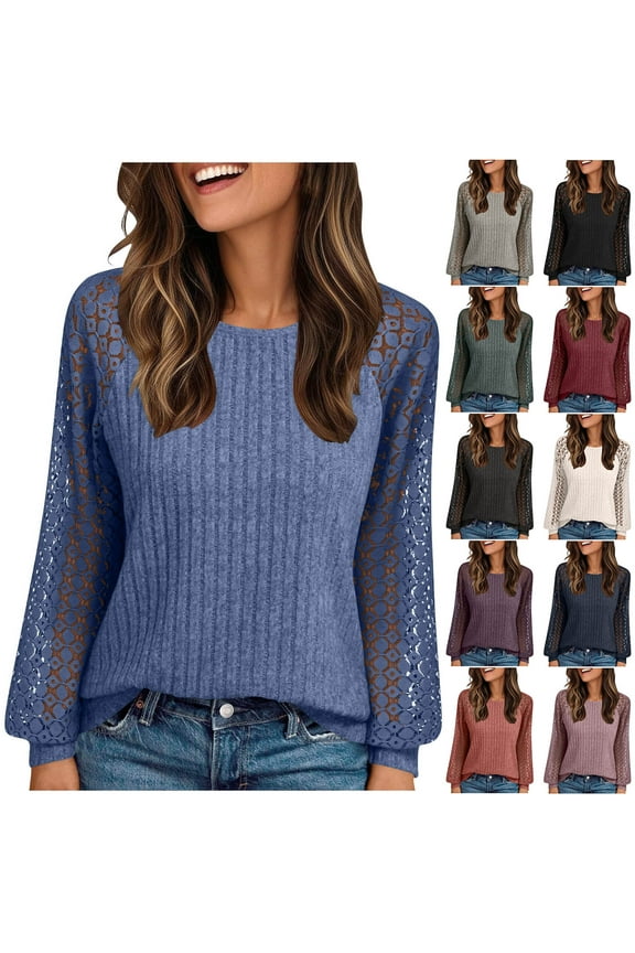Womens Soft Ribbed Knit Blouses Elegant Hollow Lace Long Sleeve Shirts Dressy Casual Solid Color Crewneck Tops Fall Fashion Clothes Army Green M