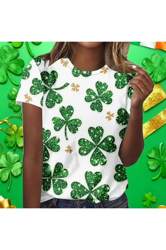 Womens St Patricks Day Shirts Funny Irish Shamrock Printed Short Sleeve T-shirts Shamrock St Patty's Day Shirt for Women Green XXL