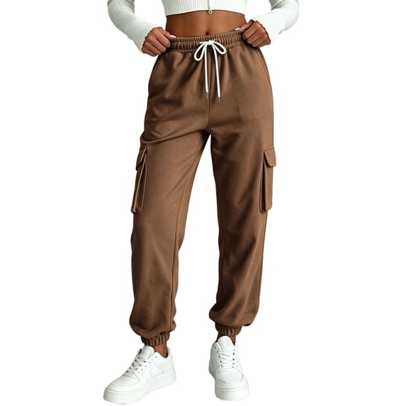 Nfurl Womens Sweatpant Fitted Jogging Pants Drawstring Stretchy Waist Elastic Bottom Sweatpants with Pockets Comfy Going Out Casual Joggers Brown,S