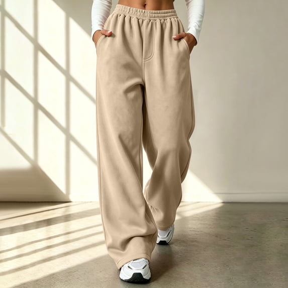 Nfurl Womens Sweatpants High Waisted Wide Leg Pockets Baggy Sweatpants Casual Jogging Sweat Pants Comfy Everyday Pants Khaki,S