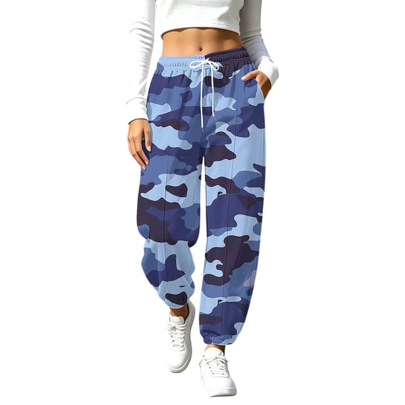 Nfurl Womens Sweatpants with Pockets Trendy Camo Prints Cuffed Bottoms Pants Elastic Waist Drawstring Going Out Joggers Casual Sweatpant Blue,L