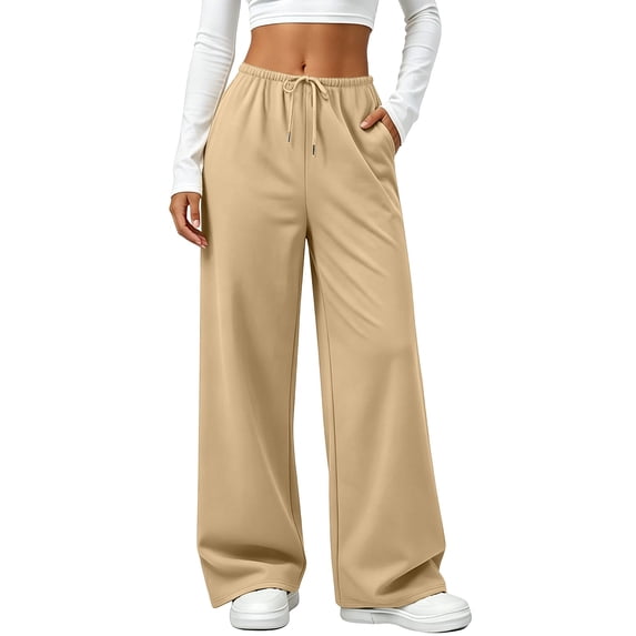 Nfurl Womens Sweatpants with Pockets Wide Leg Open Bottom Sweatpants Drawstring Elastic Waist Casual Baggy Sweat Pants Khaki,XXL