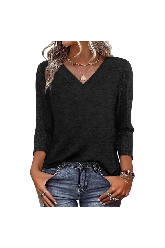 Womens Three Quarter Sleeve Tops Elegant Solid Color 3/4 Sleeve Blouses for Women Petite Top Dressy V Neck Spring Summer Blouse Black M