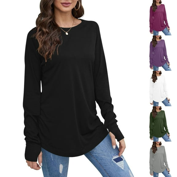 Nfurl Womens Thumb Hole Long Sleeve Shirts Casual Solid Color CrewneckTunic Tops Loose Fit Basic Shirt Going Out Top Fall Clothes Purple XL