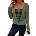 thumbnail image 1 of Nfurl Womens Tops Trendy Plaid Patchwork Long Sleeve Shirts Elegant Square Neck Pullover Top Fitted Plain T Shirts Going Out Winter Clothes Army Green XL, 1 of 5