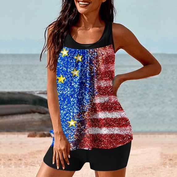 Nfurl Womens Tummy Control Bathing Suits 2 Piece Modest Swimsuits Trendy 4th of July Tankini Tops High Waist Tankini Bathing Suits with Shorts Blue,Size S