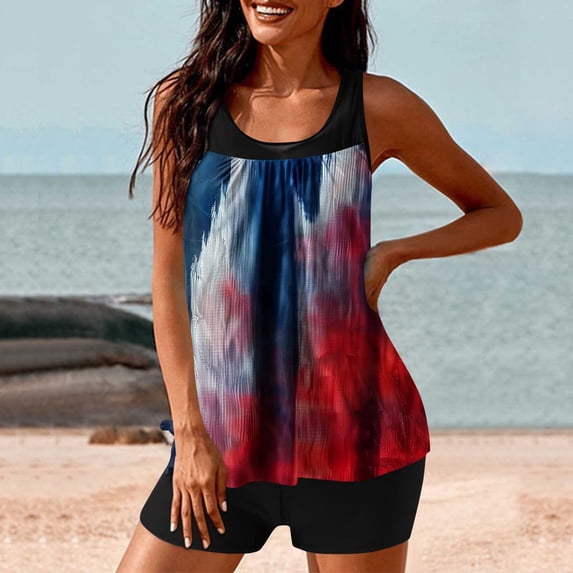 Nfurl Womens Tummy Control Bathing Suits 2 Piece Modest Swimsuits Trendy 4th of July Tankini Tops High Waist Tankini Bathing Suits with Shorts Multicolor,Size M