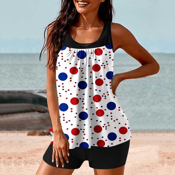 Nfurl Womens Tummy Control Bathing Suits 2 Piece Modest Swimsuits Trendy 4th of July Tankini Tops High Waist Tankini Bathing Suits with Shorts White,Size L