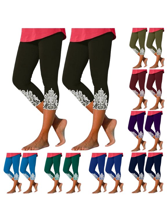 Womens Tummy Control Capri Leggings 2 Pack High Waisted Cropped Pants Boho Embroidered Beach Leggings Stretch Soft Workout Pants for Women 2025