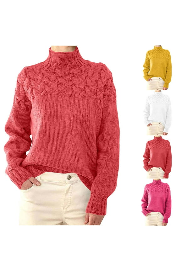 Womens Turtleneck Sweaters Cozy Long Sleeve Cable Knit Sweater Casual Solid Color Pullover Sweaters 2025 Fall Jumper Tops White M