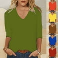 thumbnail image 1 of Nfurl Womens V Neck T Shirts Casual Solid Color 3/4 Sleeve Shirt Loose Fit Plain Tops Fall Pullovers 2025 Fashion Going Out Top Yellow L, 1 of 6