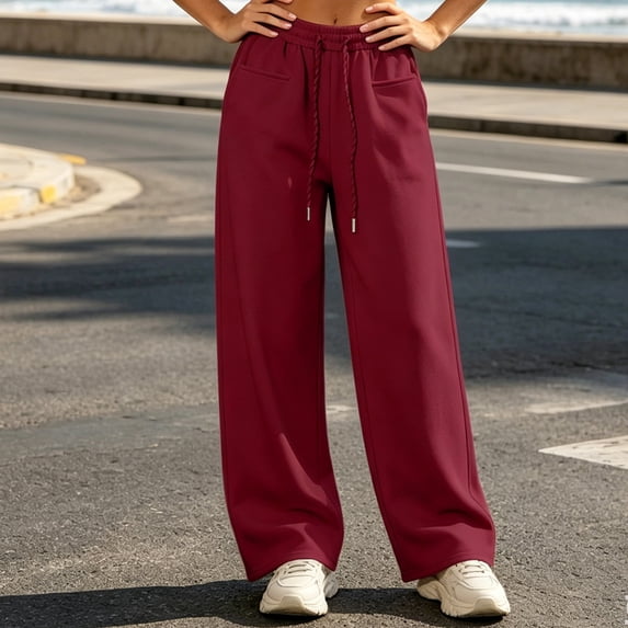 Nfurl Womens Wide Leg Sweatpants Drawstring Elastic Waist Baggy Sweat Pants with Pockets Comfy Lounge Pants Workout Casual Gym Sweatpant Wine,S
