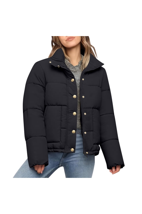Womens Winter Puffer Jackets Warm Zip up Button Down Coats Winter Going Out Outerwear Solid Color Quilted Puffy Jacket with Pockets Black XXL